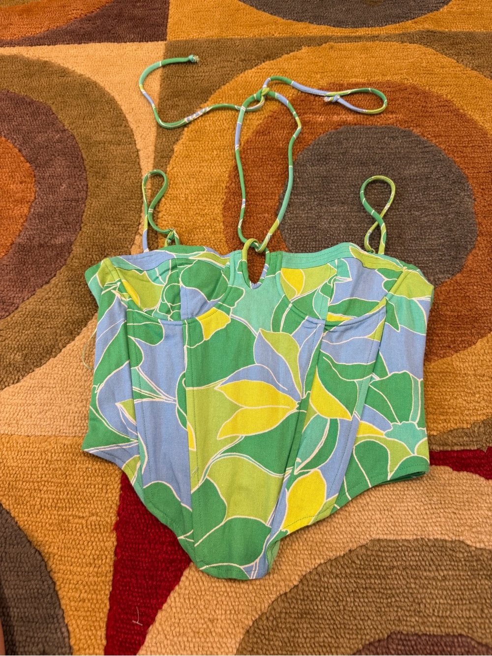 Sky To Moon Corset Top Spaghetti Strap / Halter Tie Blue Green Yellow Floral M